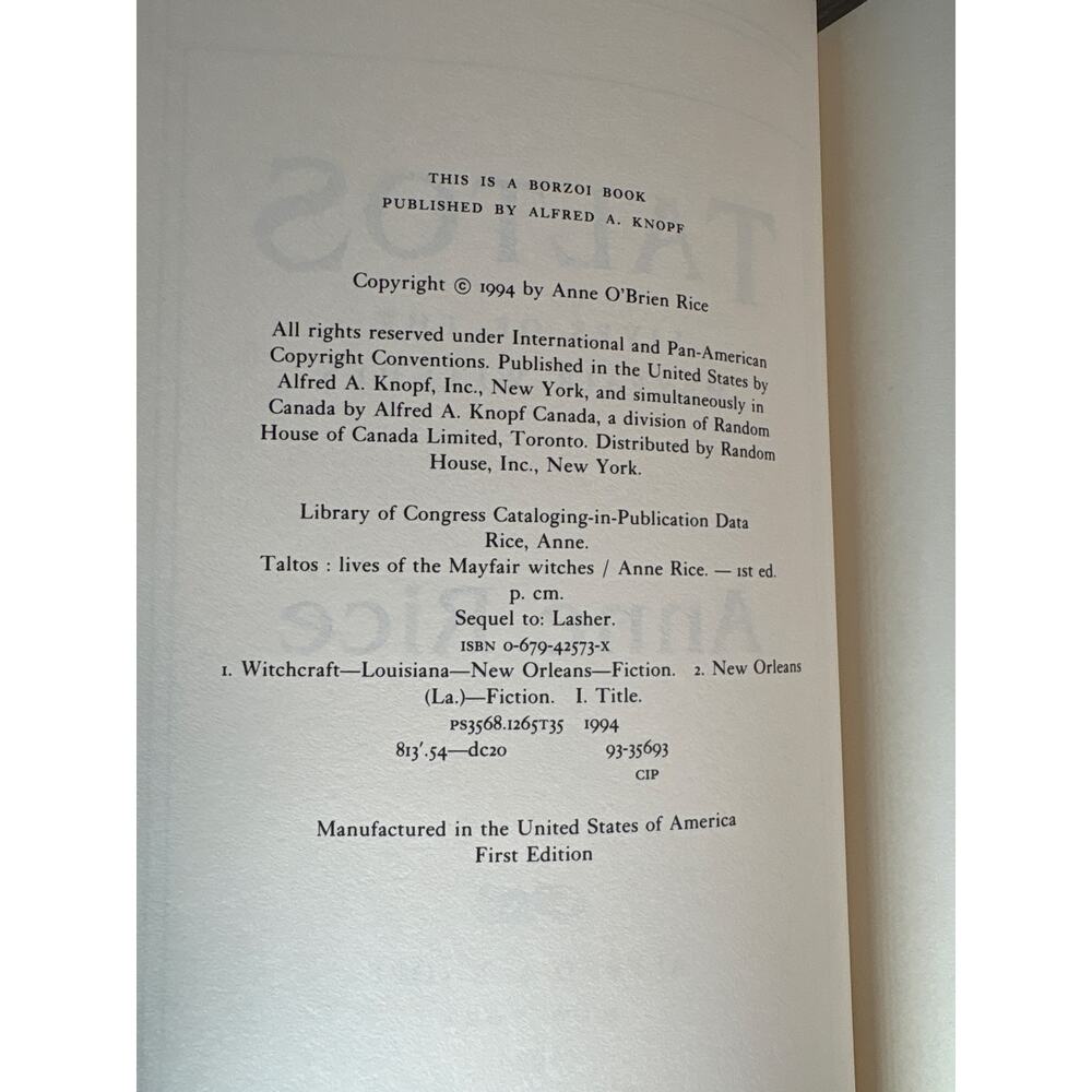 Taltos: Lives of the Mayfair Witches - Hardcover By Rice, Anne- Signed- EUC 1994 - Picture 7 of 8